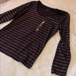 Ann Taylor Long Sleeve Scoop Neck Top in Deep Plum with Metallic Silver Stripes